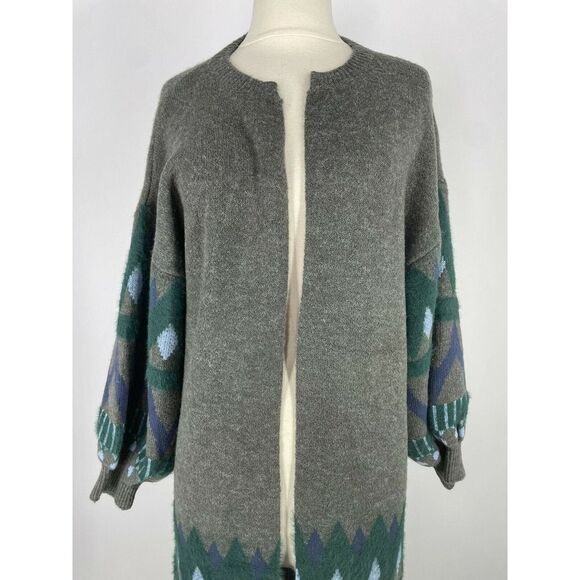 Anthropologie Kai Embroidered Balloon Sleeve Open Grey Sweater Coat One Size - Picture 7 of 10